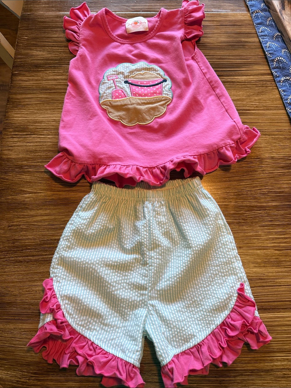 Girls Ruffle Pink Top & Blue Striped Shorts Set